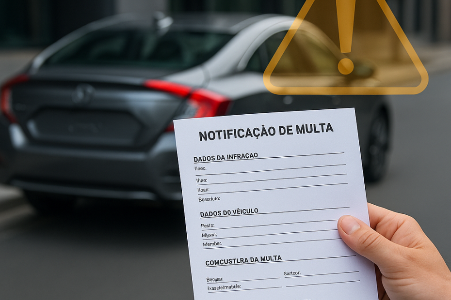 Documento de multa RENAINF ampliado por lupa representando consulta e pagamento para licenciamento do veículo